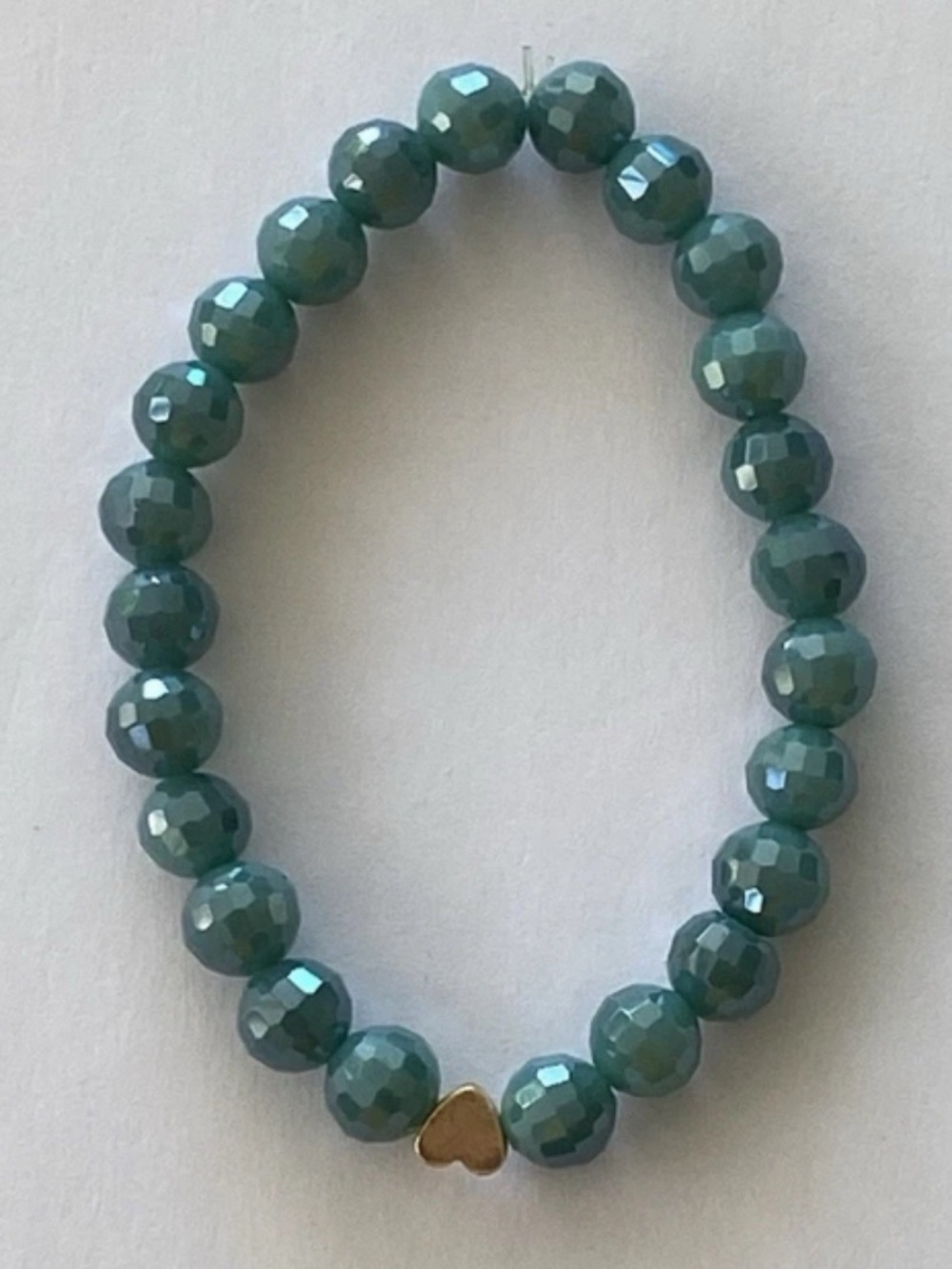 Handcrafted Teal Beaded Stretch Bracelet with Gold Heart Accent